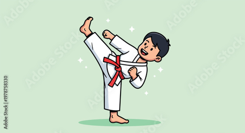 Young boy in karate uniform performing a high kick.