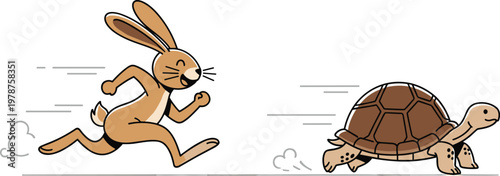 Cartoon Rabbit and Turtle Race Illustration, Featuring Fast and Slow Animals with Motion Lines for Fable and Nature Storytelling