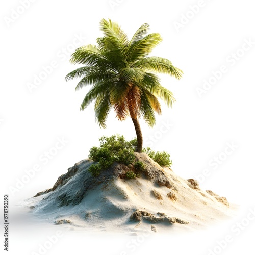 A solitary palm tree stands on a small sandy island surrounded by white space