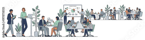 Diverse business professionals collaborating in various modern office settings, engaging in strategic meetings, presentations, and productive teamwork, isolated on white background