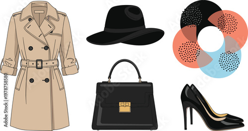 Fashion Accessories Collection featuring Trench Coat, Black Hat, Handbag, and High Heel Shoes in Minimalist Vector Style