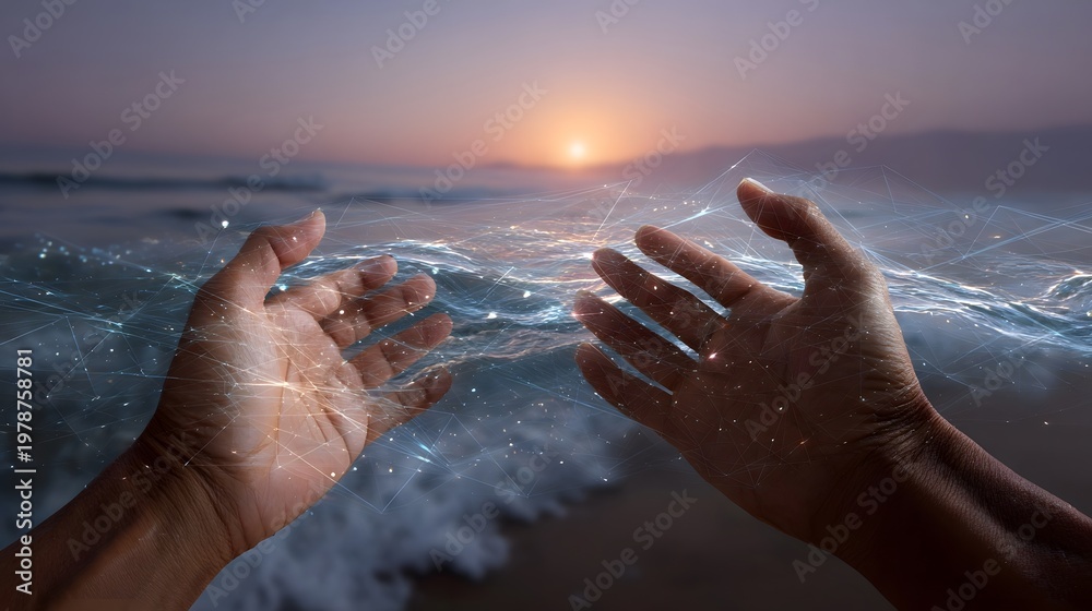 Obraz premium Outstretched hands connected by brilliant digital energy lines over a serene ocean at sunset symbolizing global networking and human potential