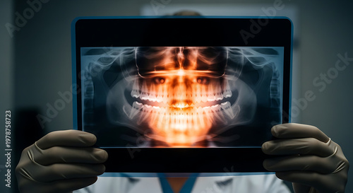 Professional dentist hands in surgical gloves holding a panoramic dental X-ray film showing teeth and jaw structure for diagnostic purposes in a clinic. Clinical medical photography style lighting.
