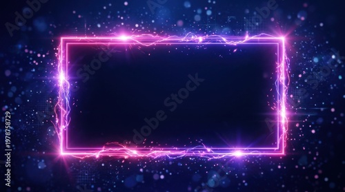 Glowing pink and blue neon lightning frame on dark background with sparkles and particle effects; futuristic electric energy border for cyber technology, gaming, and digital display concept.