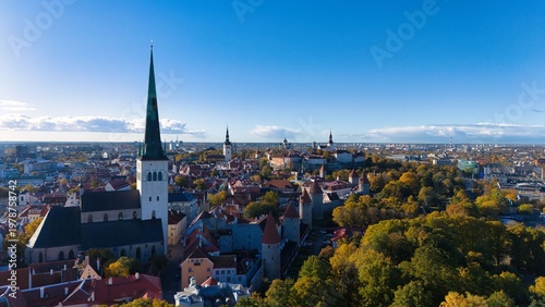 Bild auf Leinwand Aerial drone view of St Olafs Church and Tallinn Old Town in Estonia