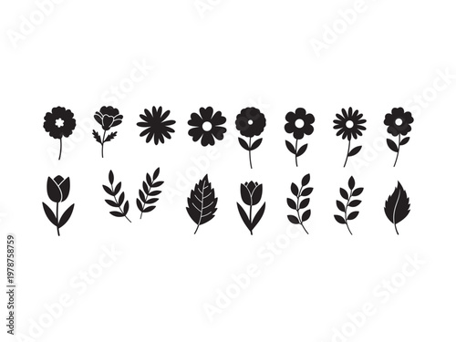 Collection of simple botanical line art flowers and leaves with botanical collection illustration