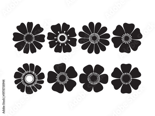 Eight black silhouette flowers with detailed petals silhouette illustration decoration multiple