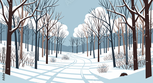 Winter forest landscape with snow covered trees and pathway vector illustration