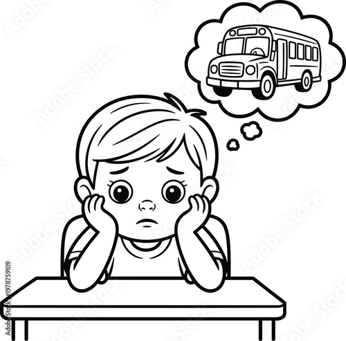 child thinking about school bus, late for school concept, kids education worksheet outline vector