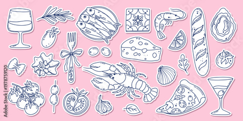 Mediterranean food sticker set with seafood, wine, tomato and herbs. Italian coastal cuisine collection. Perfect for menus, posters, cards and travel designs. Flat vector illustration.