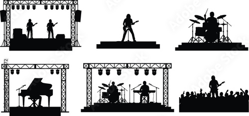 Live music concert performance silhouette set featuring rock band musicians on stage with lighting truss and cheering crowd for event promotion