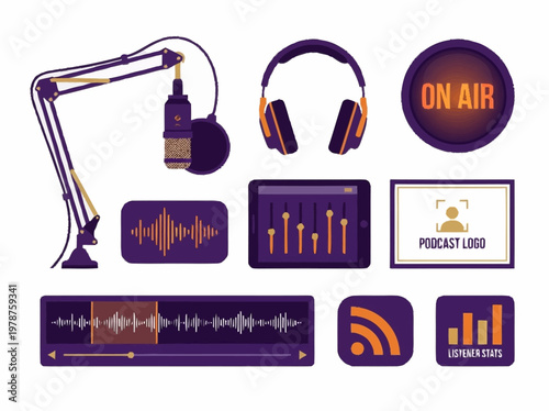 A collection of podcasting equipment and graphics, including a microphone, headphones, and sound wave visualizations.