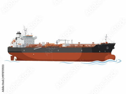A detailed illustration of a large oil tanker ship sailing on the ocean, showcasing its complex structure and cargo capacity.