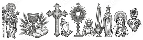 Vintage Engraved Catholic Religious Symbols Collection: Eucharist, Cross, Virgin Mary, Sacred Heart, and Saints Icons, Monochrome Christian Faith Design Elements Isolated on White