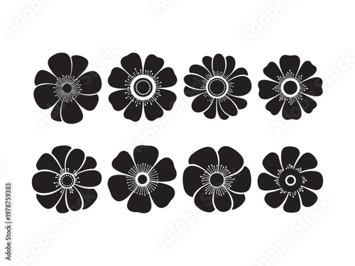 Collection of black silhouette flowers with petals silhouette illustration botanical minimalist