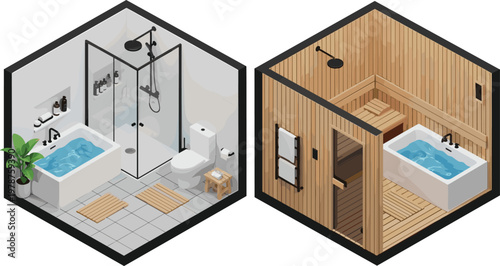 Modern isometric bathroom and wooden sauna room interior design vector set with bathtub shower and spa wellness facilities for home renovation