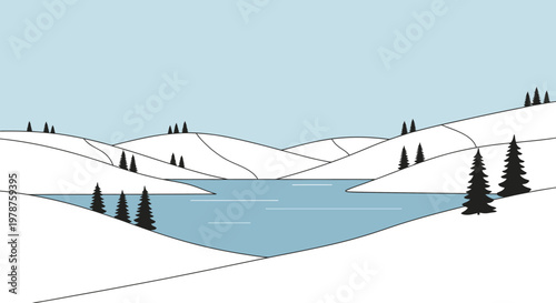 Winter landscape illustration snow covered hills trees and a lake