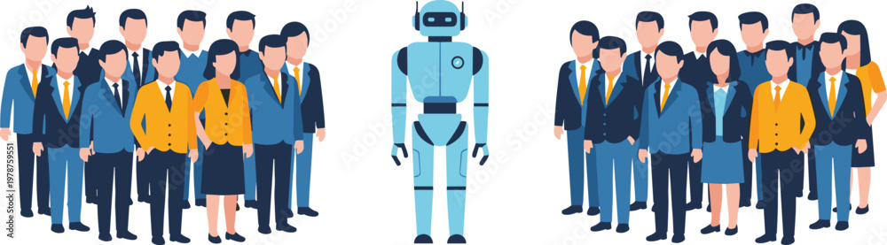 Fototapeta premium Blue robot character standing between two groups of professional business people representing artificial intelligence integration and future workforce automation concepts