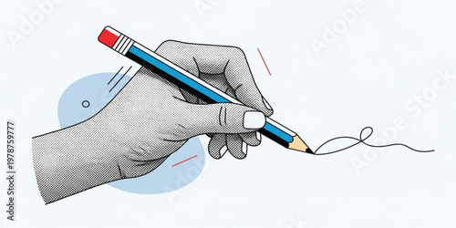 Hand Holding Pencil Drawing Line Art Concept with Creative Writing, Design Process, Artistic Expression, Sketching Illustration, and Minimal Graphic Composition