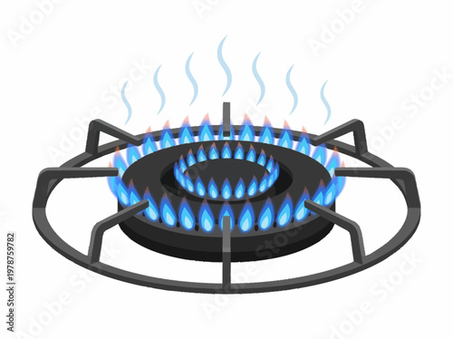 A close-up illustration of a gas stove burner with blue flames and steam rising, set against a white background.