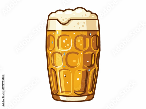 A tall, clear glass mug filled with frothy, golden beer, showing condensation droplets on the outside.