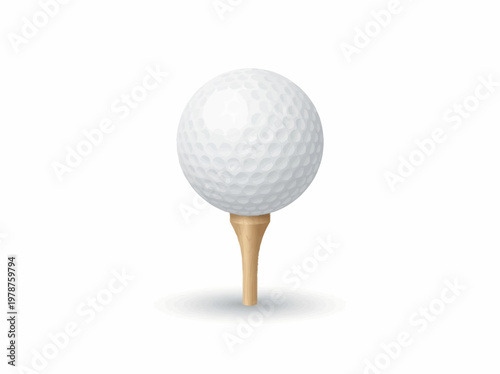 A close-up studio shot of a white dimpled golf ball resting on a wooden tee against a plain white background.