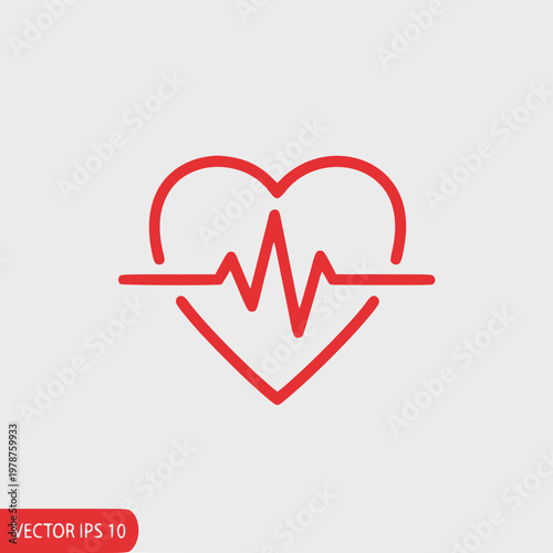 Red heart with electrocardiogram line on a light gray background. Medical symbol