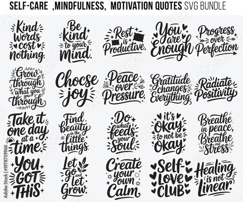 Inspirational self-care and mindfulness quotes svg bundle