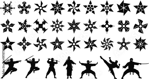 Ninja and Shuriken Icons Set Featuring Martial Arts Poses and Throwing Stars for Action and Combat Themes