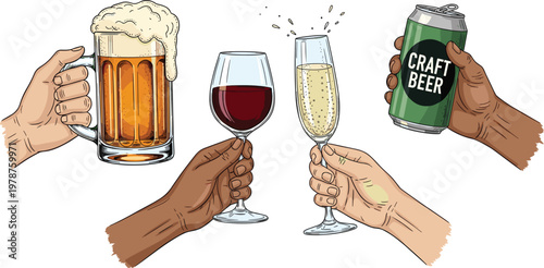 Hands Holding Beer Wine and Champagne Glasses with Craft Beer Can, Celebration Toast Concept, Alcoholic Drinks Illustration for Party, Bar, and Social Gathering Design