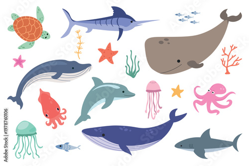 Set of marine life on a white background. Dolphin, whales, shark, starfish, fish, turtle, squid, jellyfish cartoon flat style