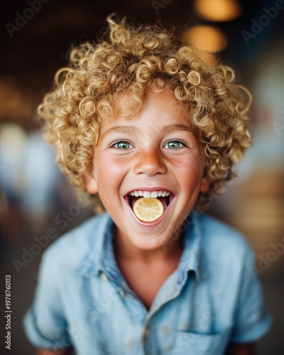 A joyful child with curly blond hair smiles widely, holding a lemon slice in their mouth, radiating happiness and playfulness in a warmly lit setting.