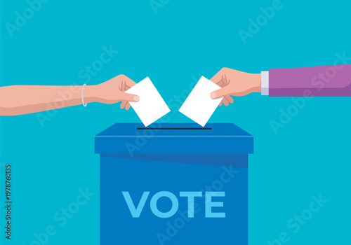 Democracy and Election Day Vector Illustration with Hands Casting Ballots into Vote Box for Political Campaigns and Civic Participation