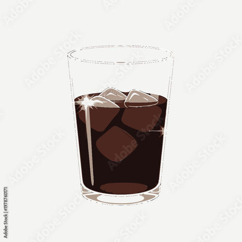 A glass of cold dark soda with ice cubes on a table indoors