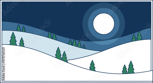 Winter landscape illustration with trees and a large moon in a dark sky scene