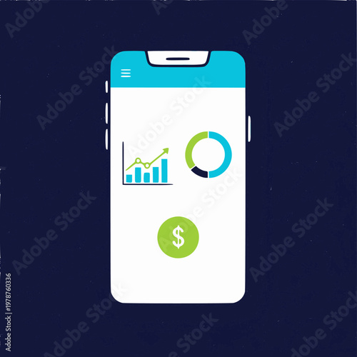 A smartphone displays financial charts and a dollar sign on its screen.