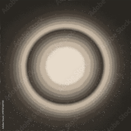 A stunning illustration depicts a large white circle surrounded by multiple concentric rings in shades of gray and beige against a dark background with small white dots.