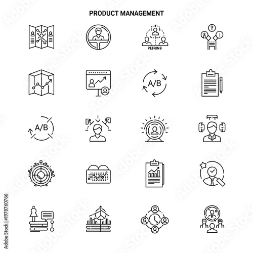 A comprehensive collection of line icons illustrating various concepts and processes within product management.