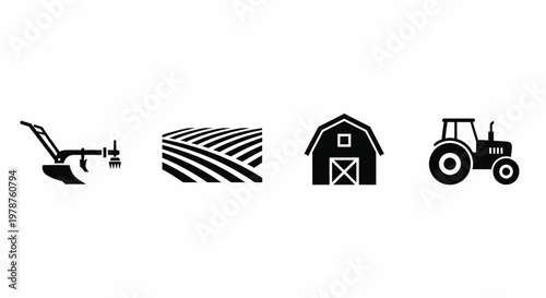 Farm Agriculture Tractor Barn Plow Field Silhouette Vector Icons Set
