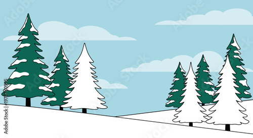Winter landscape scene illustration with snowy trees and cloudy sky background