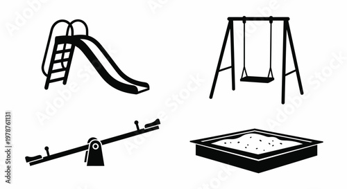 Kids Playground Slide Swing Seesaw Sandbox Silhouette Vector Icons Set