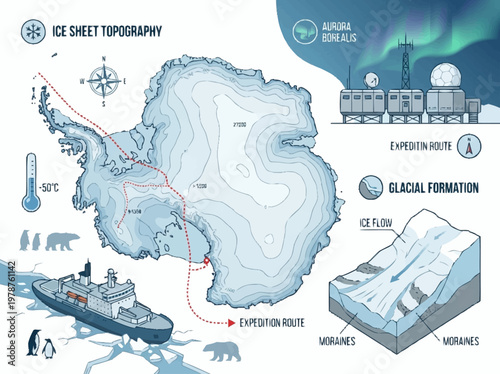 Antarctica Expedition: Ice Sheet Topography, Glacial Formation, and Aurora Australis Research Station.