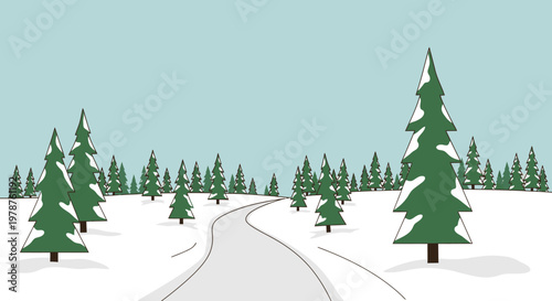 Winter landscape scene with path and snow covered trees under a blue sky