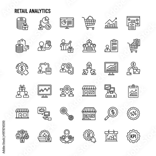 A collection of line art icons representing various aspects of retail analytics and business operations.