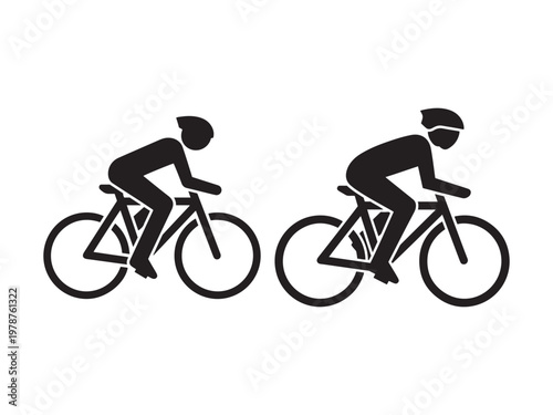 Two silhouette illustrations of cyclists riding bicycles with both cyclists wear helmets, activity
