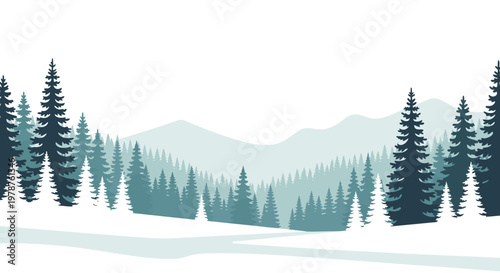 Winter landscape scene with evergreen trees and rolling mountain silhouettes