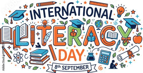 International literacy day illustration with books graduation caps educational symbols childhood education learning process literacy education learning knowledge celebration september