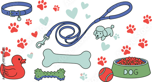 Dog accessories and toys including leash collar bones with paw print pet care pet supplies domestic illustration collection supplies grooming companion domesticated