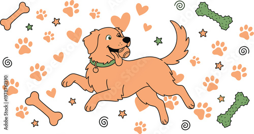 Happy golden retriever dog running with bones and paw prints paw print pet love dog art dog runner active pet illustration domestic companion outdoors movement