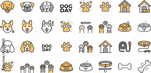 Dog theme icon set with various dog breeds paw prints dog houses bones collars paw print dog house animal lover illustration collection friendly iconography